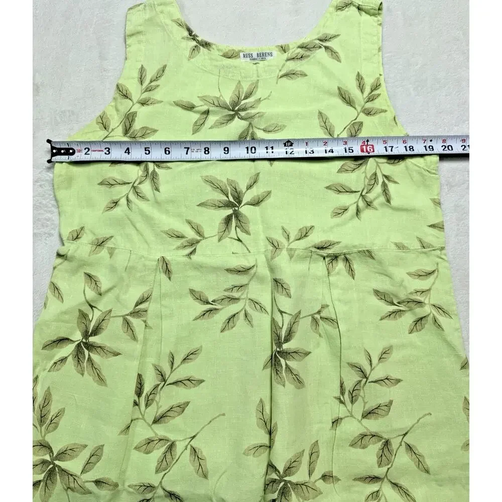 Vintage Russ Berens Malibu Linen Maxi Dress M Lime Green Leaf Print Made in USA